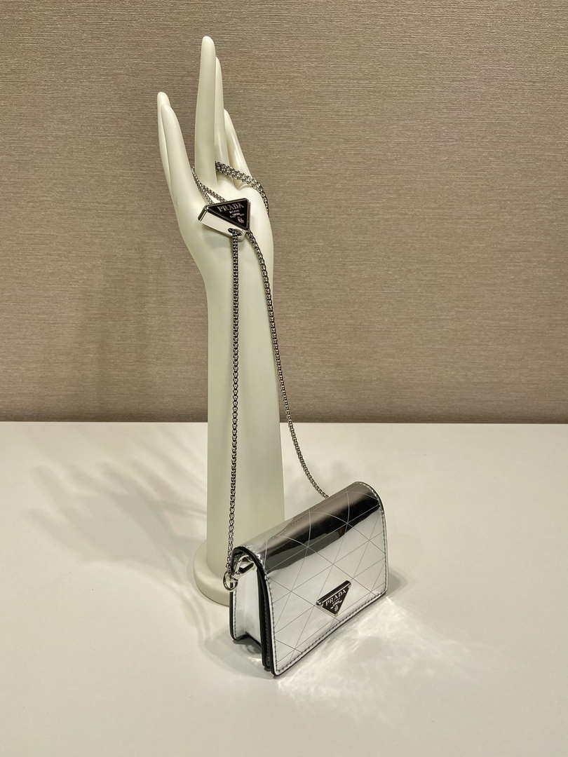 Prada studded card holder with shoulder strap 1MR024 Silver