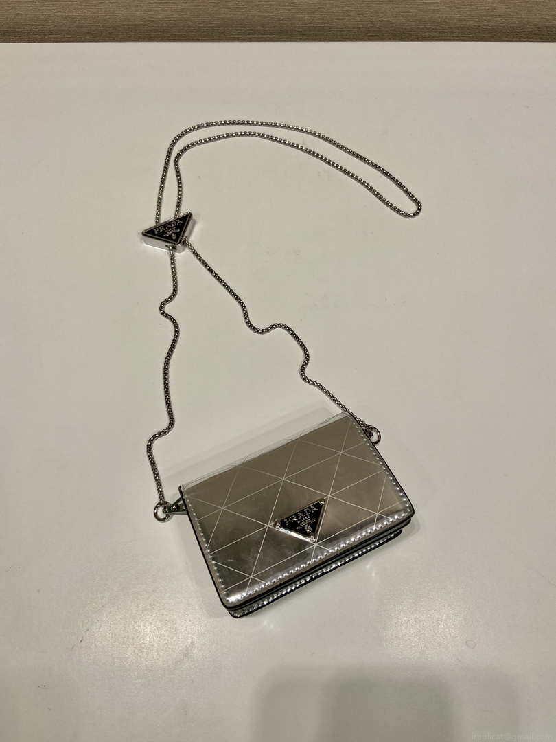 Prada studded card holder with shoulder strap 1MR024 Silver