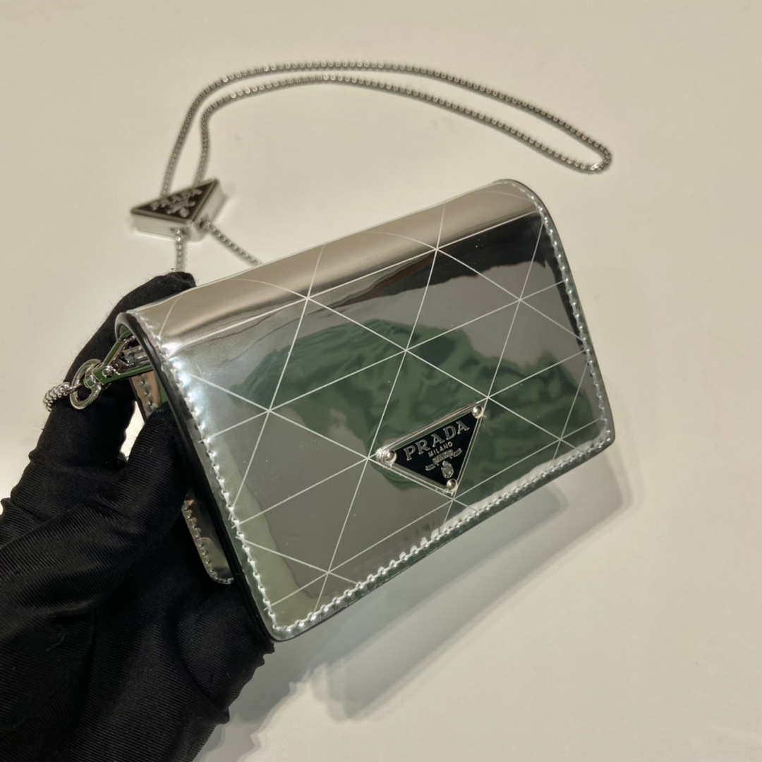 Prada studded card holder with shoulder strap 1MR024 Silver