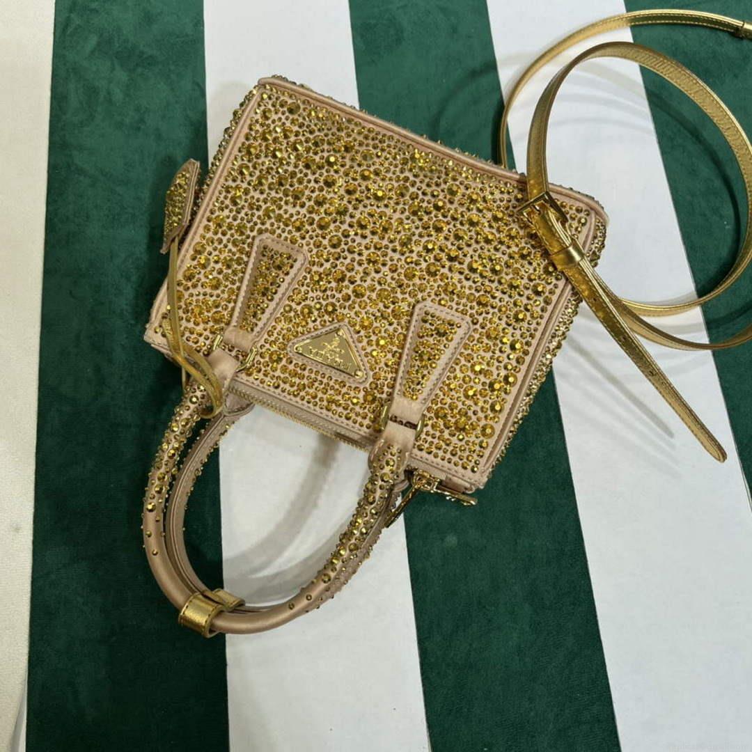 Prada 1BA906 Galleria satin mini-bag with crystals Gold