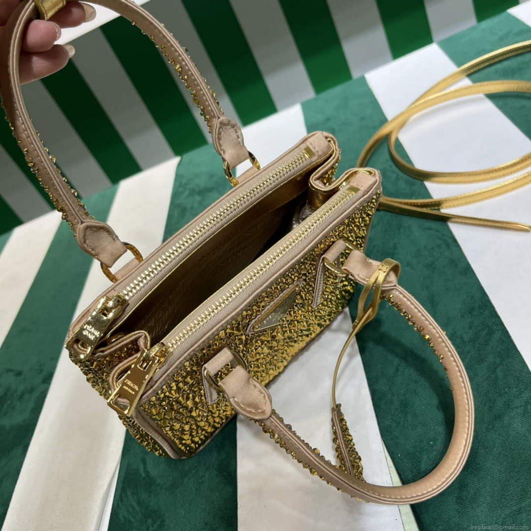 Prada 1BA906 Galleria satin mini-bag with crystals Gold