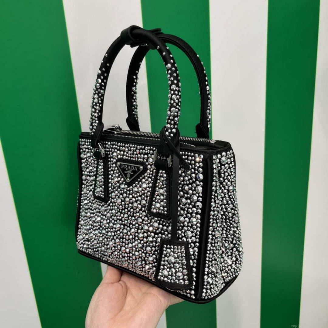 Prada 1BA906 Galleria satin mini-bag with crystals Black