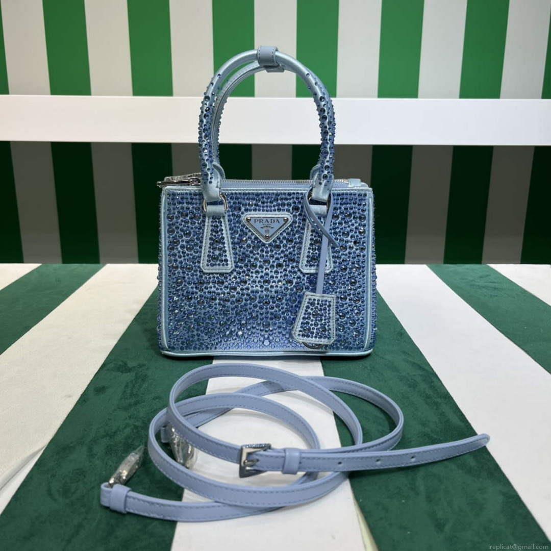 Prada 1BA906 Galleria satin mini-bag with crystals Blue