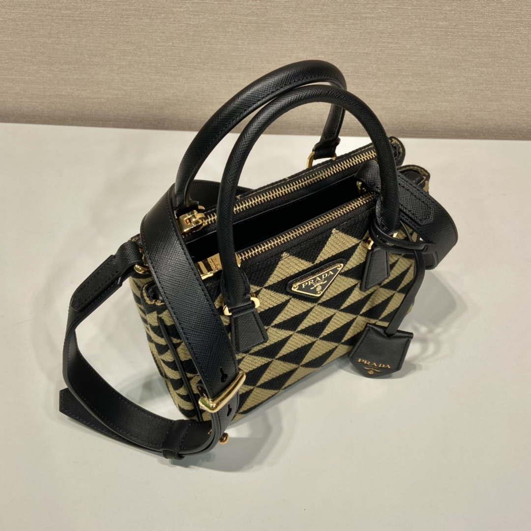 Prada 1BA906 Galleria embroidered fabric bag Black and Beige