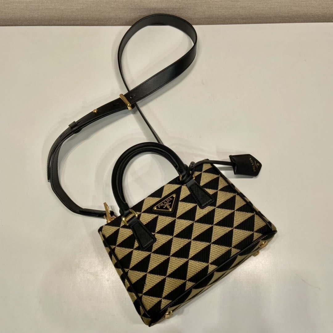 Prada 1BA906 Galleria embroidered fabric bag Black and Beige