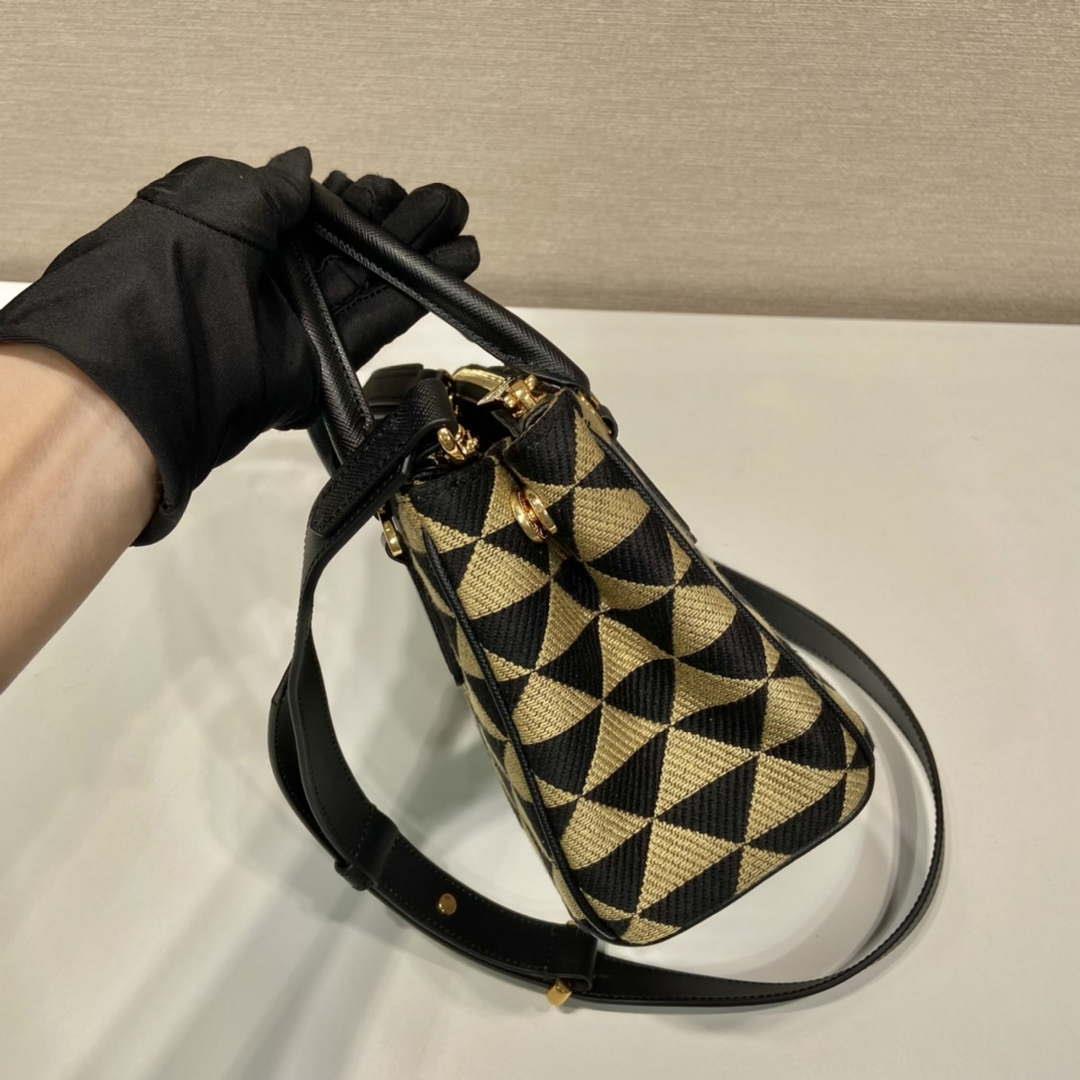 Prada 1BA906 Galleria embroidered fabric bag Black and Beige