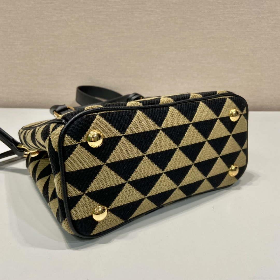 Prada 1BA906 Galleria embroidered fabric bag Black and Beige