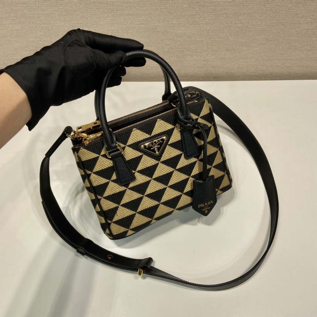 Prada 1BA906 Galleria embroidered fabric bag Black and Beige
