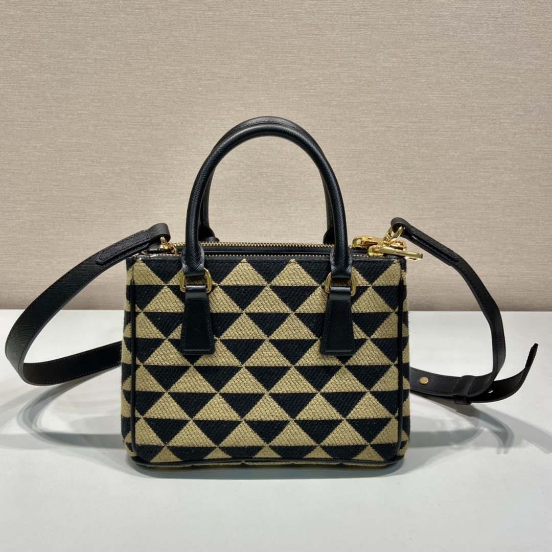 Prada 1BA906 Galleria embroidered fabric bag Black and Beige