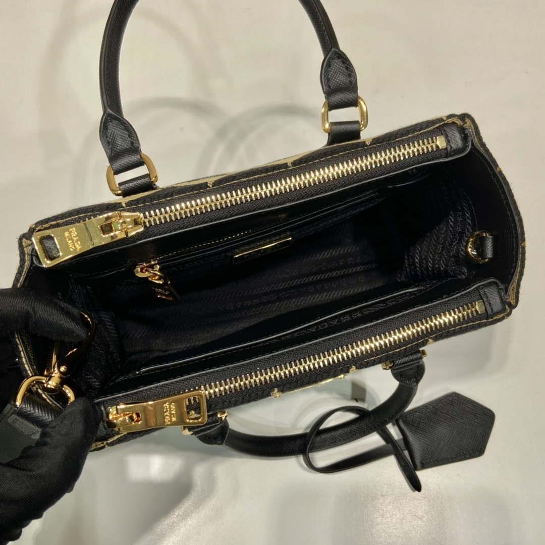 Prada 1BA906 Galleria embroidered fabric bag Black and Beige