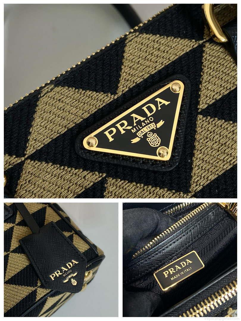 Prada 1BA906 Galleria embroidered fabric bag Black and Beige