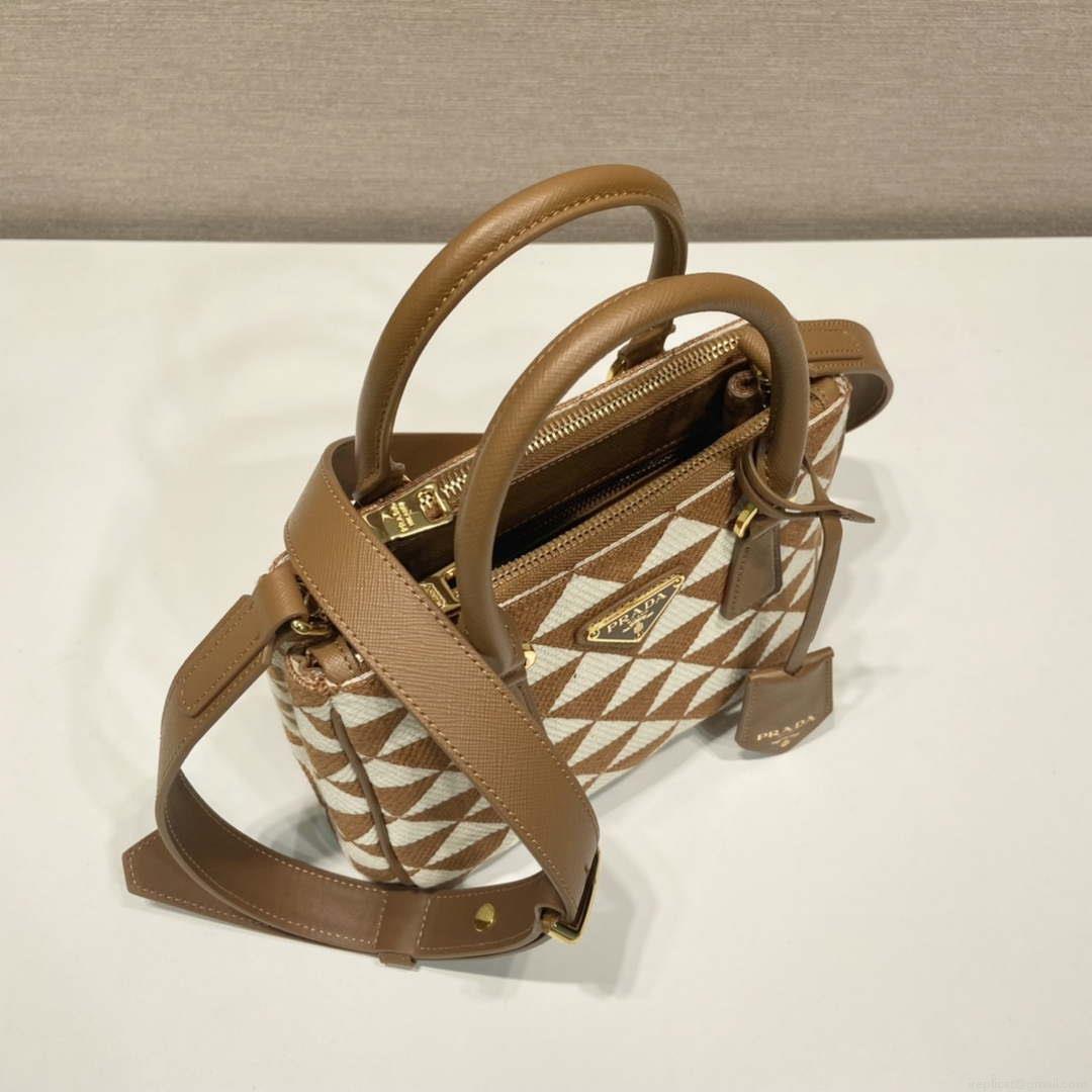 Prada 1BA906 Galleria embroidered fabric bag Brown and Beige