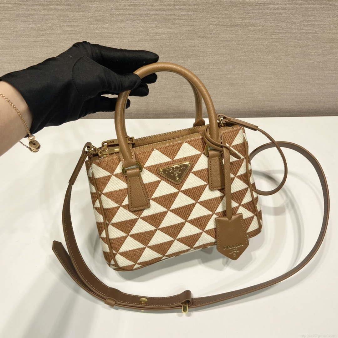 Prada 1BA906 Galleria embroidered fabric bag Brown and Beige