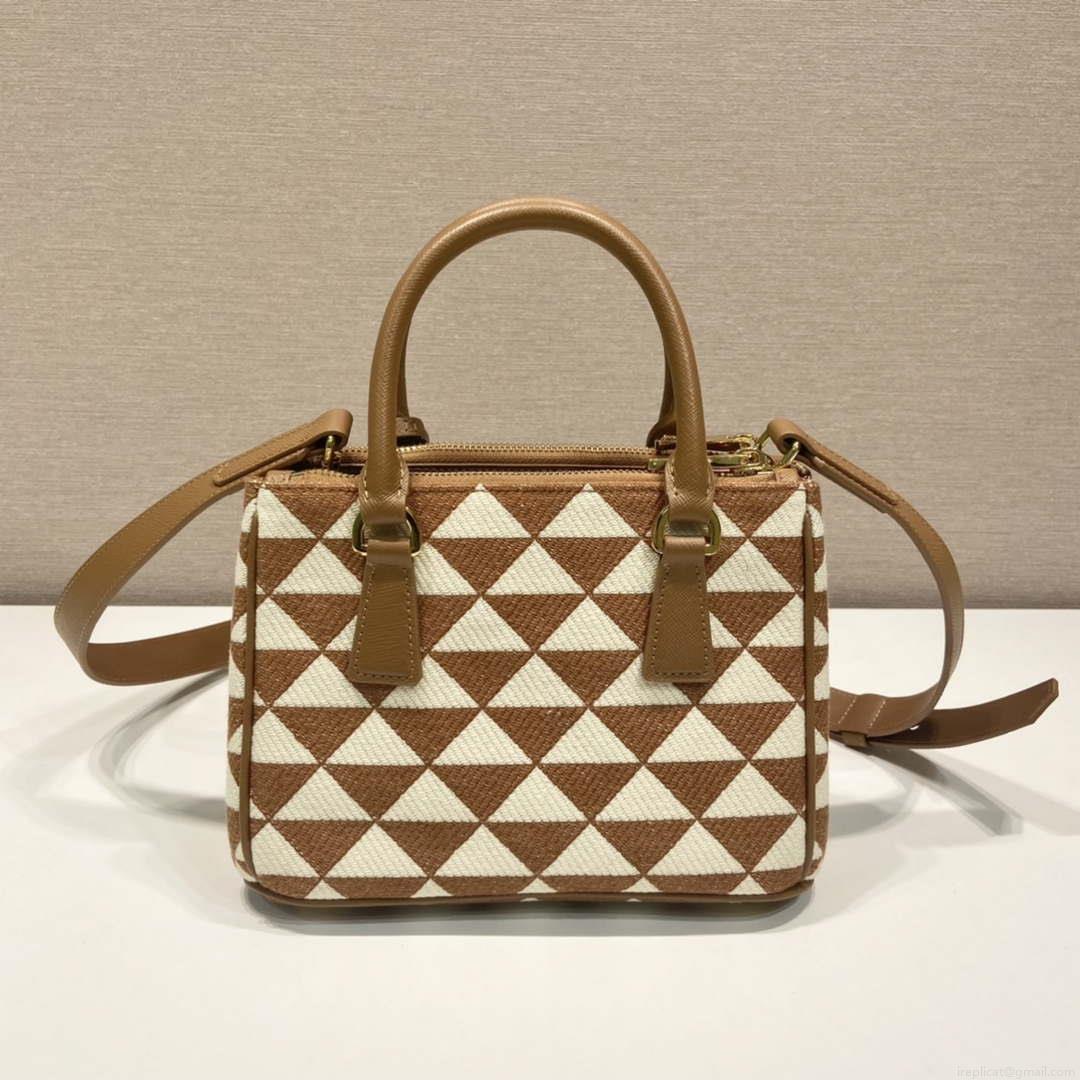 Prada 1BA906 Galleria embroidered fabric bag Brown and Beige