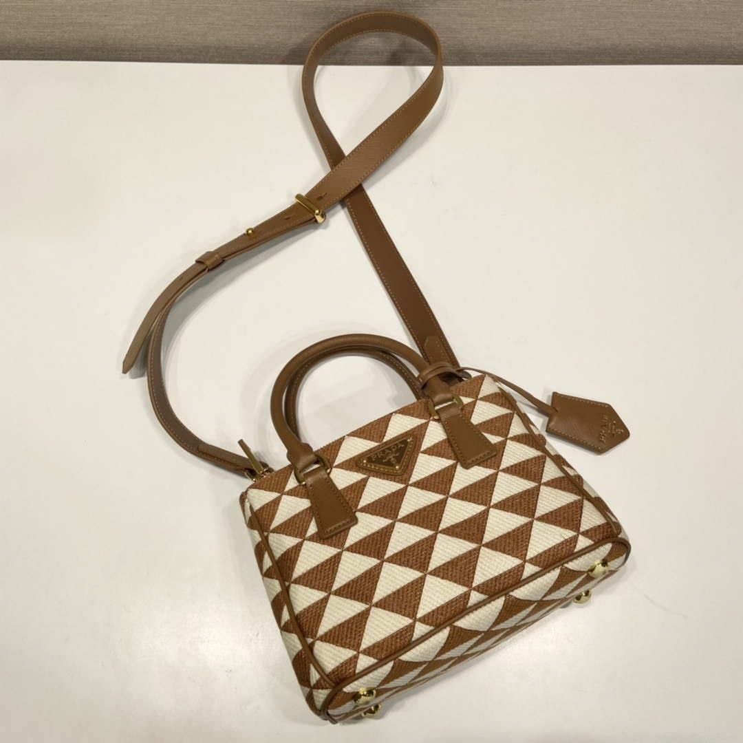 Prada 1BA906 Galleria embroidered fabric bag Brown and Beige