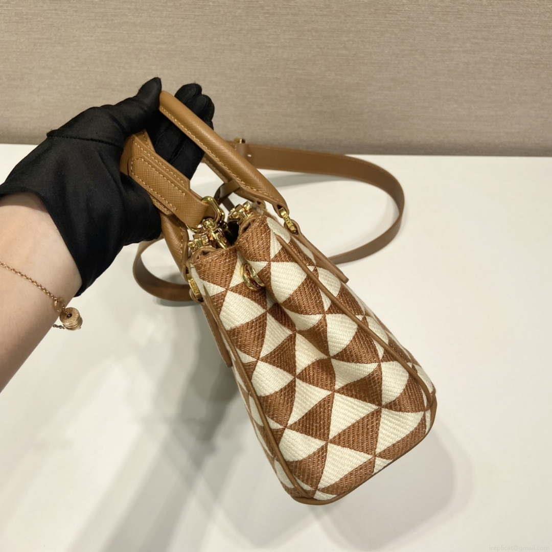 Prada 1BA906 Galleria embroidered fabric bag Brown and Beige