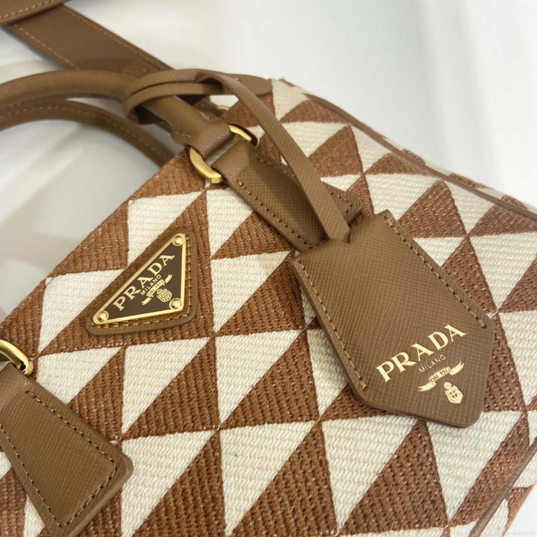 Prada 1BA906 Galleria embroidered fabric bag Brown and Beige
