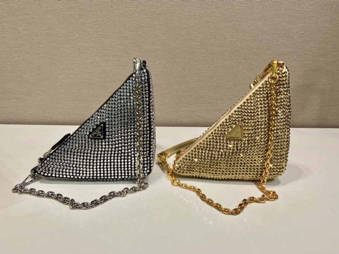 Prada 1BC190 Prada Triangle satin mini-bag with crystals Gold