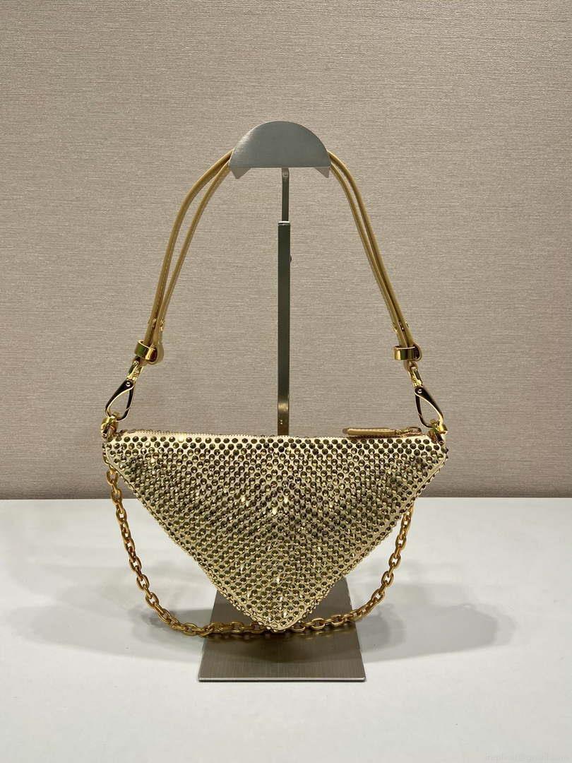 Prada 1BC190 Prada Triangle satin mini-bag with crystals Gold