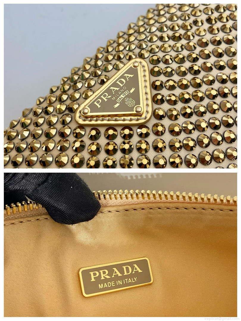 Prada 1BC190 Prada Triangle satin mini-bag with crystals Gold