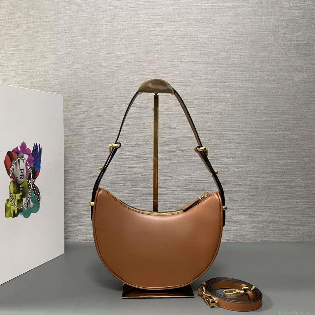 Prada 1BC194 Prada Arqué Leather Shoulder Bag Cognac