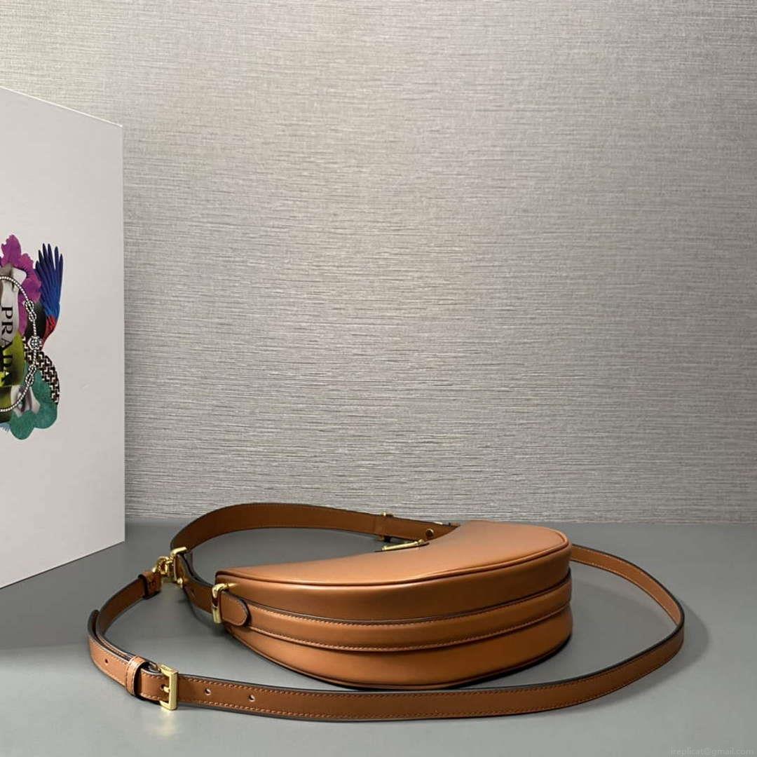 Prada 1BC194 Prada Arqué Leather Shoulder Bag Cognac