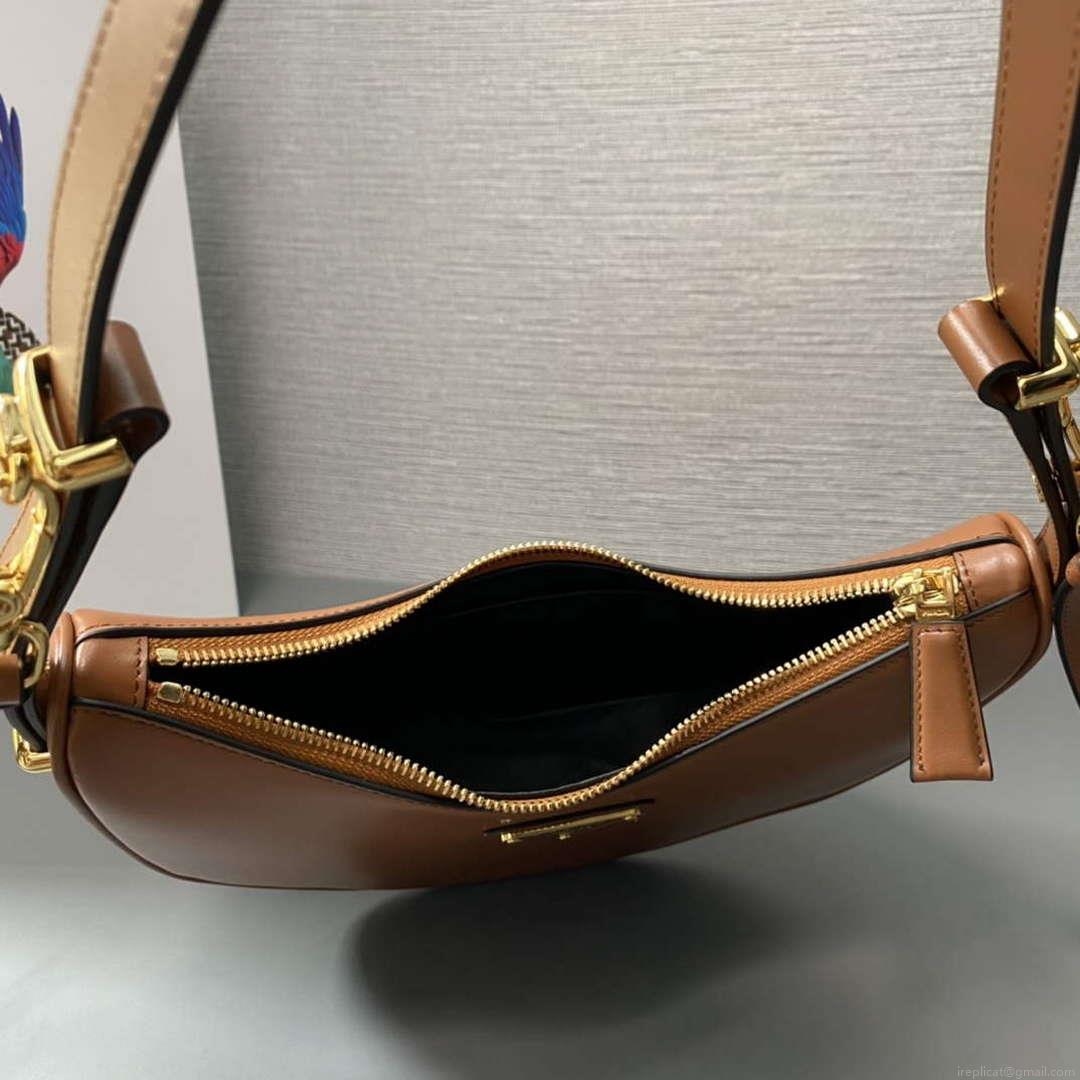 Prada 1BC194 Prada Arqué Leather Shoulder Bag Cognac