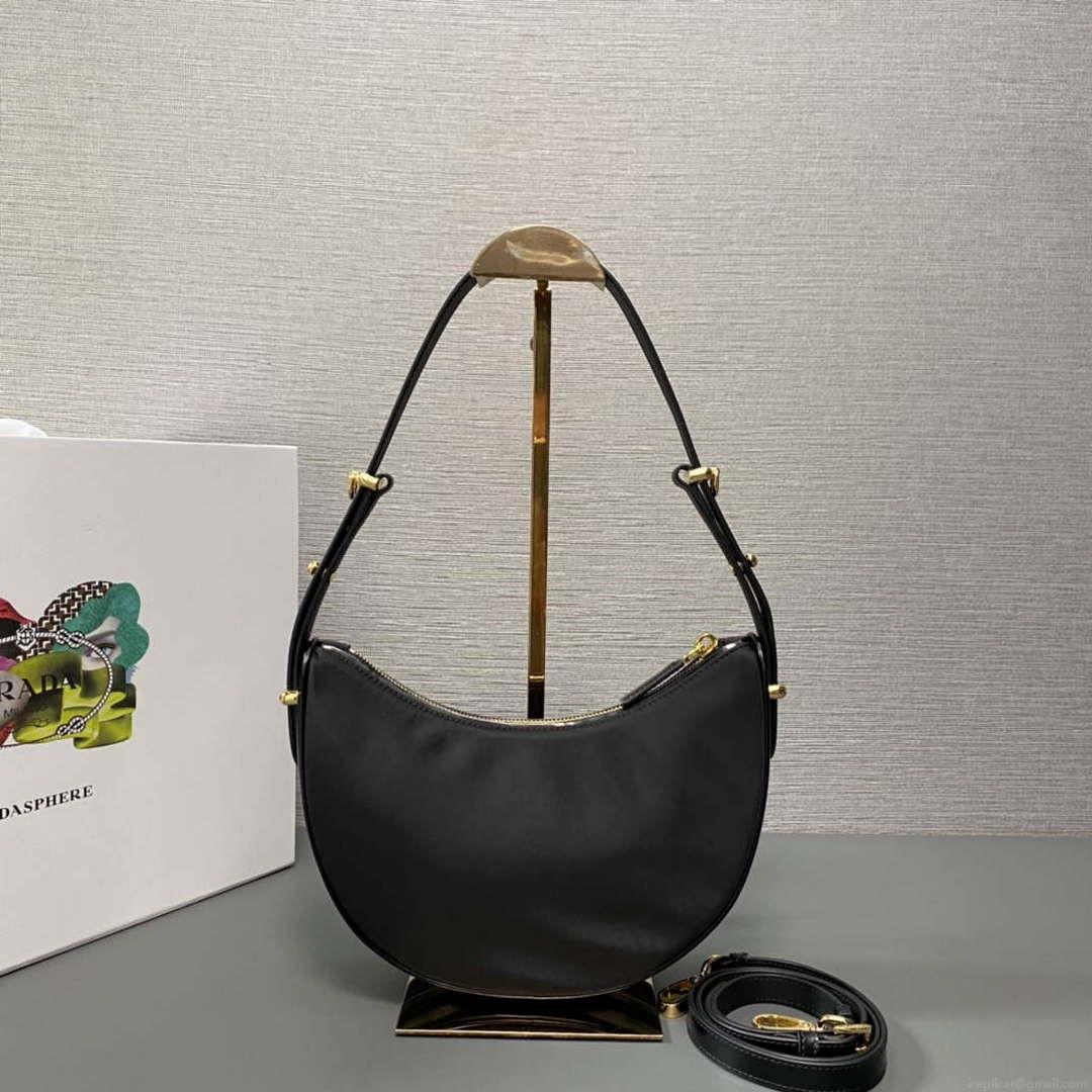 Prada 1BC194 Prada Arqué Re-Nylon and Brushed Leather Shoulder Bag Black