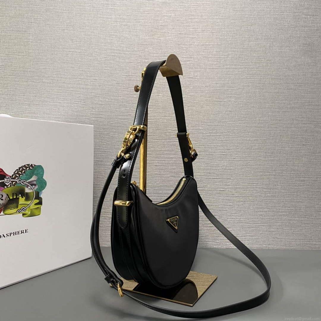 Prada 1BC194 Prada Arqué Re-Nylon and Brushed Leather Shoulder Bag Black
