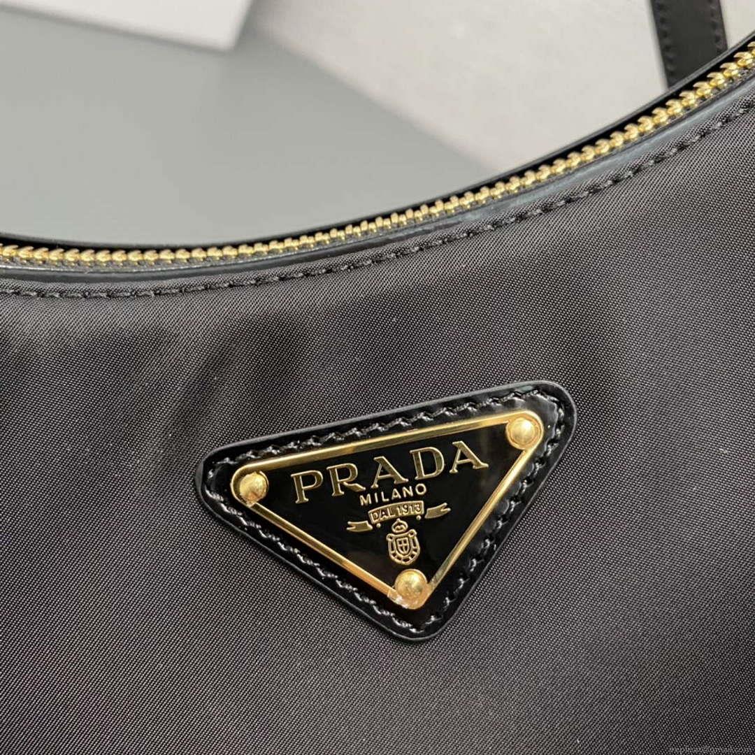 Prada 1BC194 Prada Arqué Re-Nylon and Brushed Leather Shoulder Bag Black