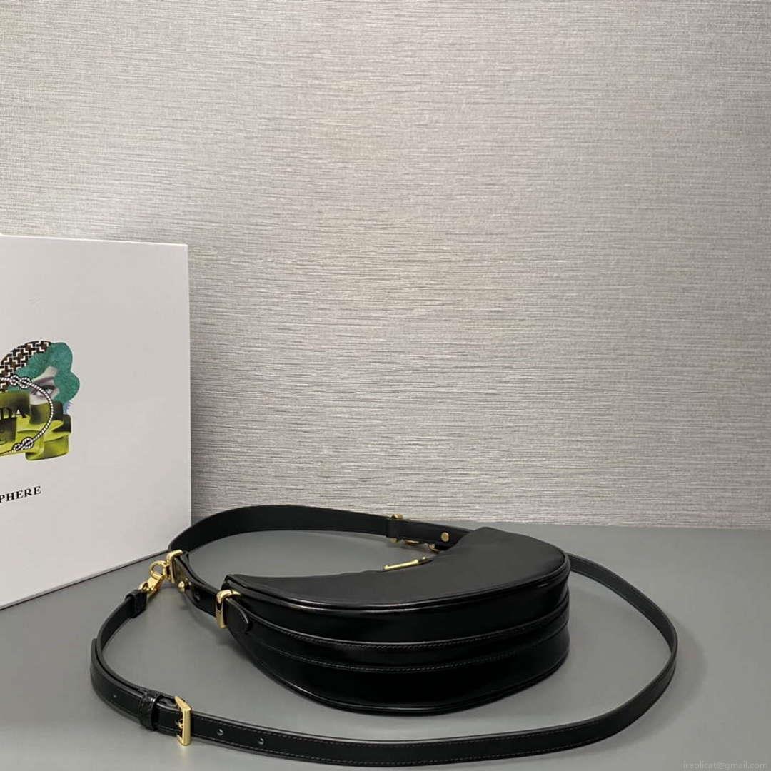 Prada 1BC194 Prada Arqué Re-Nylon and Brushed Leather Shoulder Bag Black