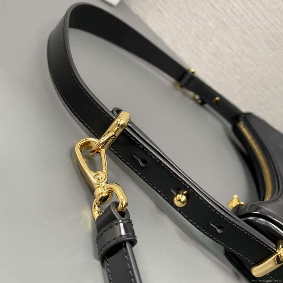 Prada 1BC194 Prada Arqué Re-Nylon and Brushed Leather Shoulder Bag Black