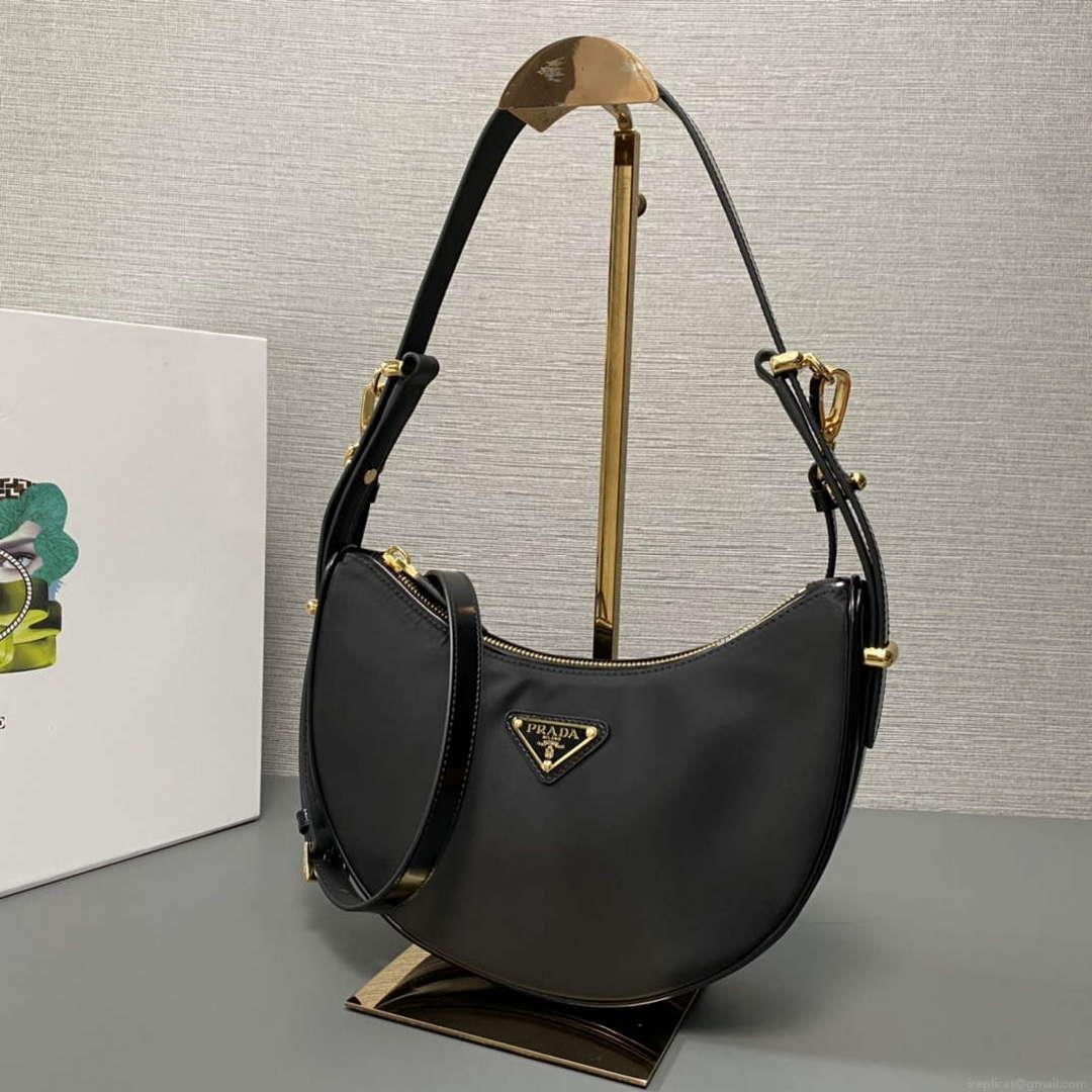 Prada 1BC194 Prada Arqué Re-Nylon and Brushed Leather Shoulder Bag Black