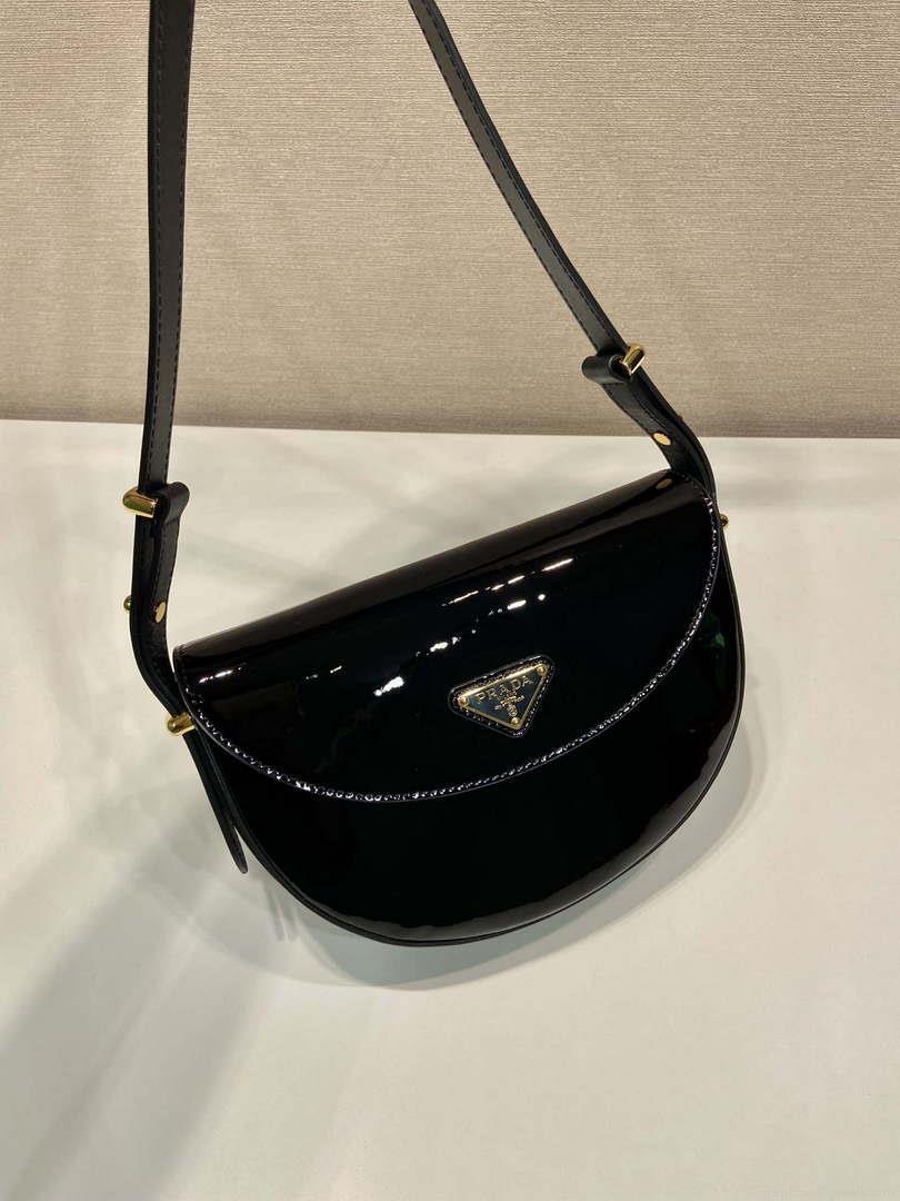 Prada 1BA349 Triangle-logo shoulder patent leather bag Black