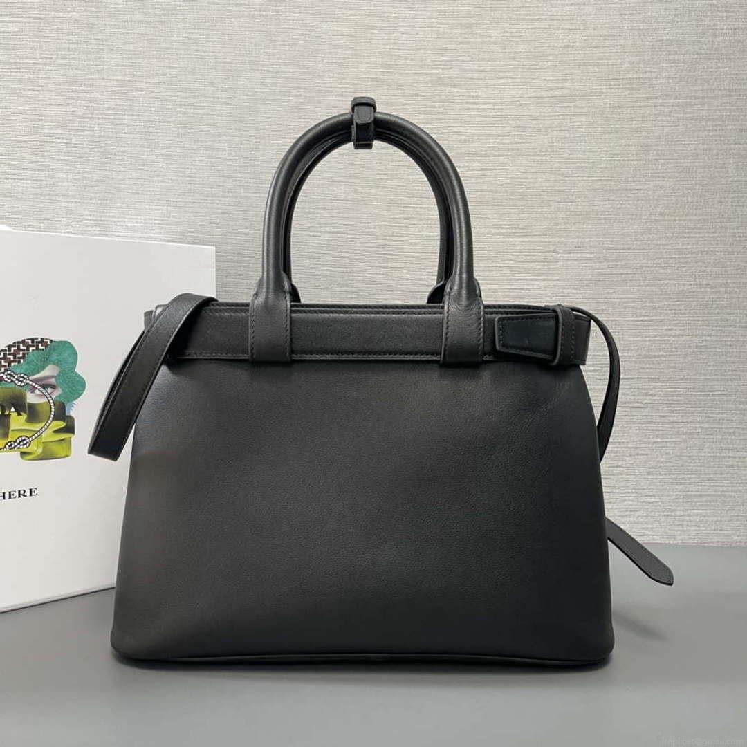 Prada 1BA434 Black Prada Buckle Medium Leather Handbag With Belt