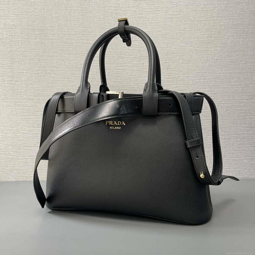 Prada 1BA434 Black Prada Buckle Medium Leather Handbag With Belt