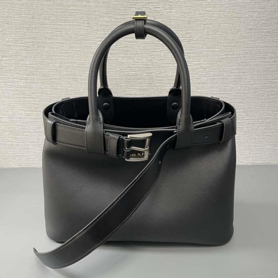Prada 1BA434 Black Prada Buckle Medium Leather Handbag With Belt