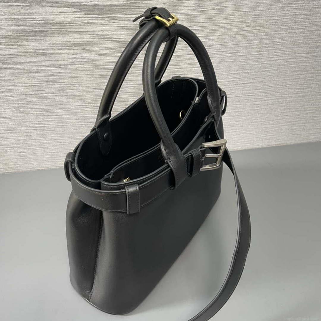 Prada 1BA434 Black Prada Buckle Medium Leather Handbag With Belt