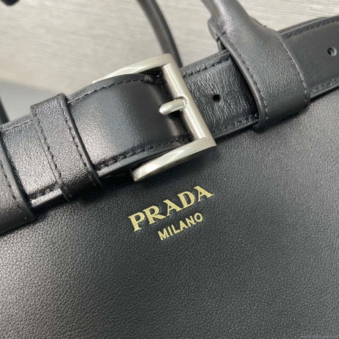 Prada 1BA434 Black Prada Buckle Medium Leather Handbag With Belt