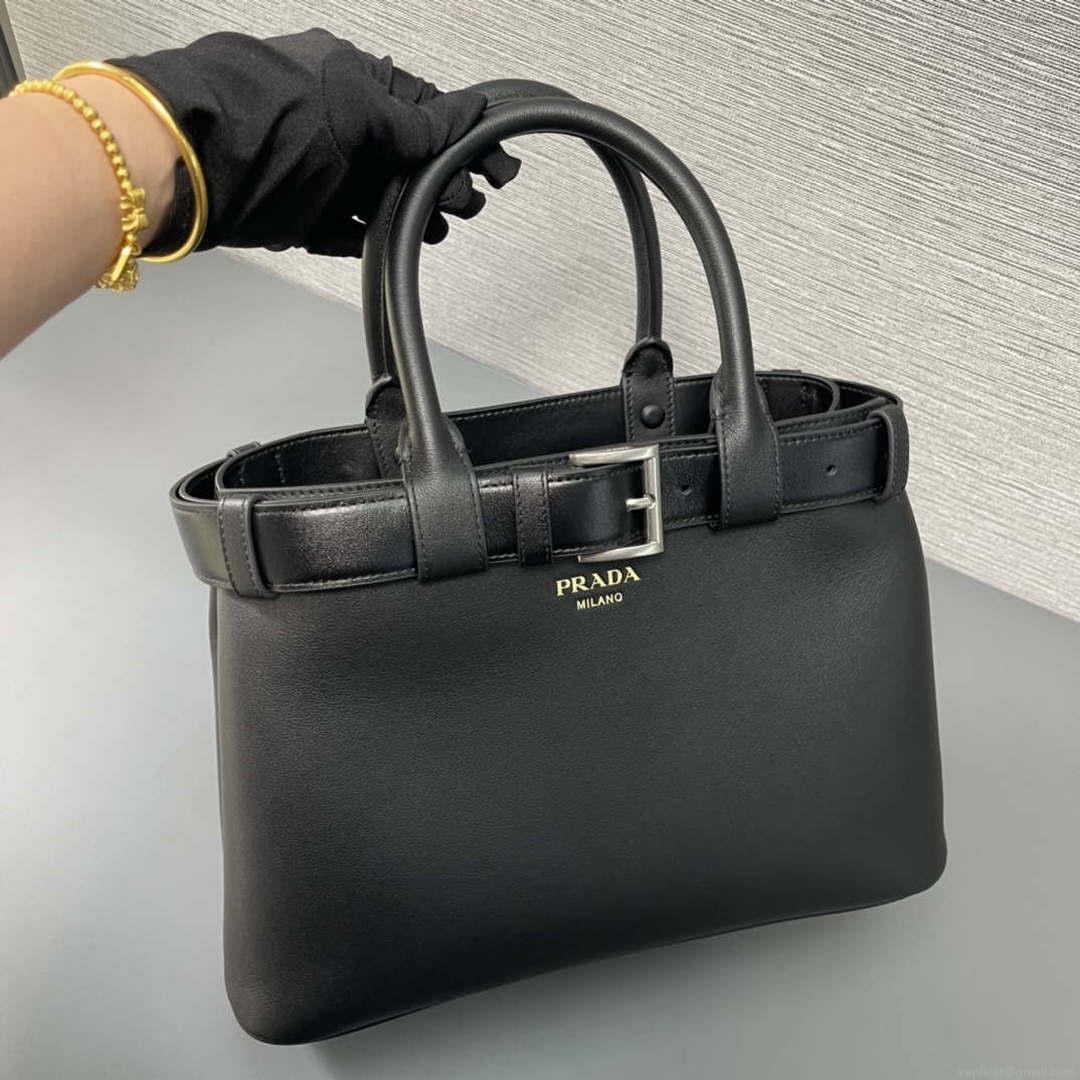 Prada 1BA434 Black Prada Buckle Medium Leather Handbag With Belt