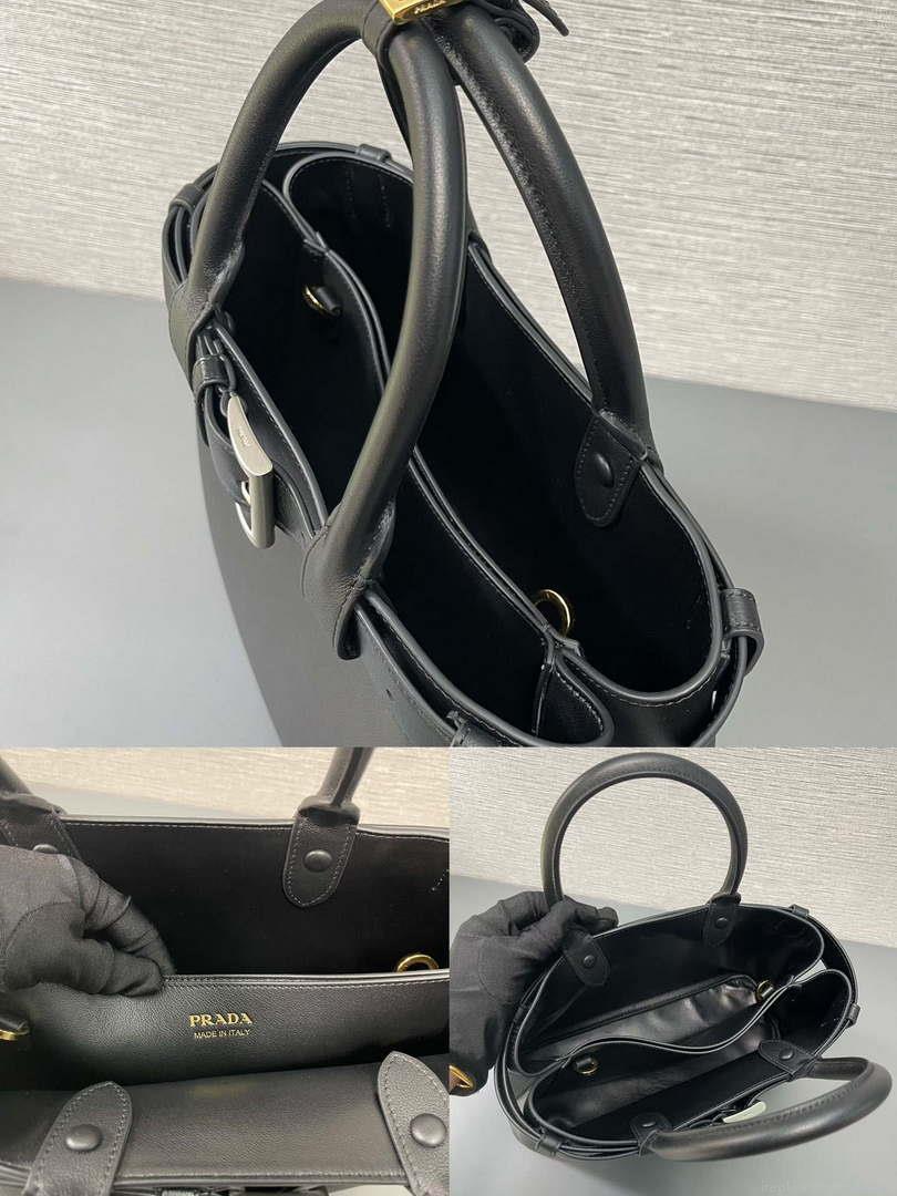 Prada 1BA434 Black Prada Buckle Medium Leather Handbag With Belt
