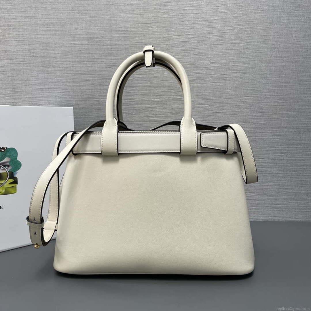 Prada 1BA434 White Prada Buckle Medium Leather Handbag With Belt