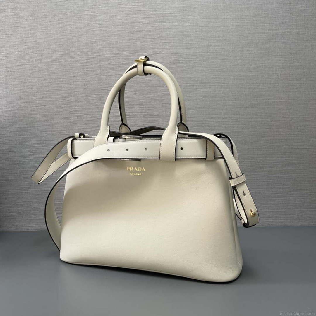 Prada 1BA434 White Prada Buckle Medium Leather Handbag With Belt