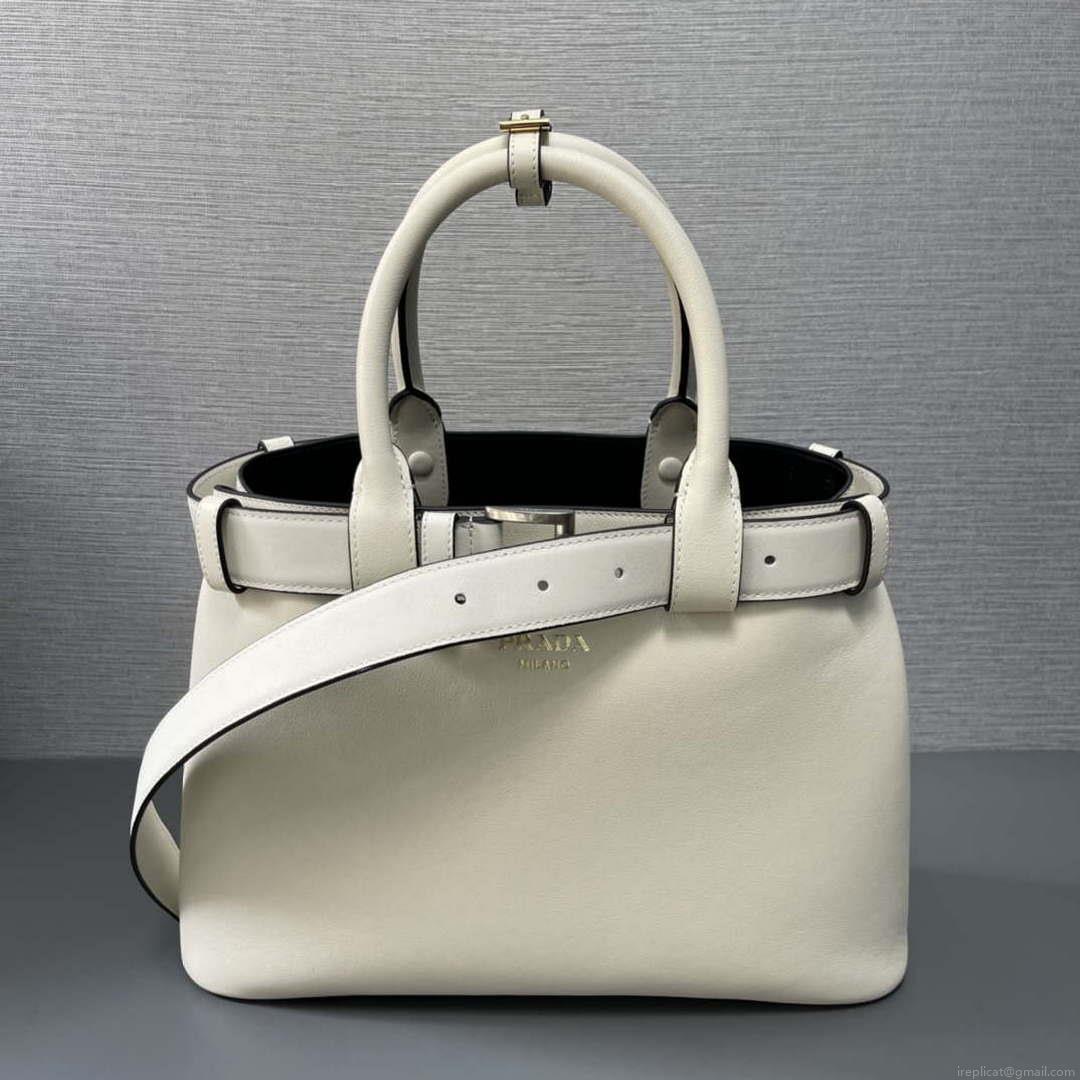 Prada 1BA434 White Prada Buckle Medium Leather Handbag With Belt