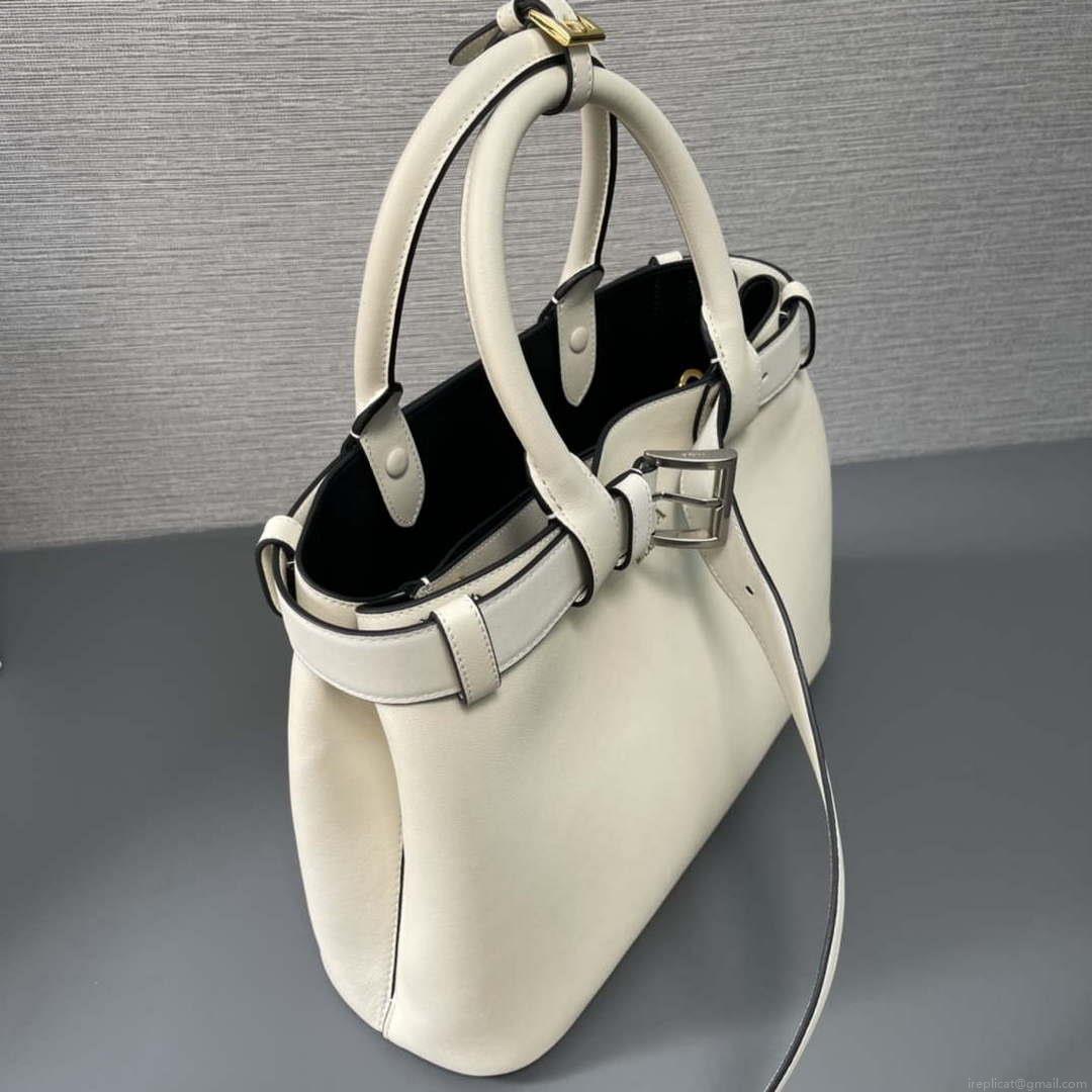 Prada 1BA434 White Prada Buckle Medium Leather Handbag With Belt