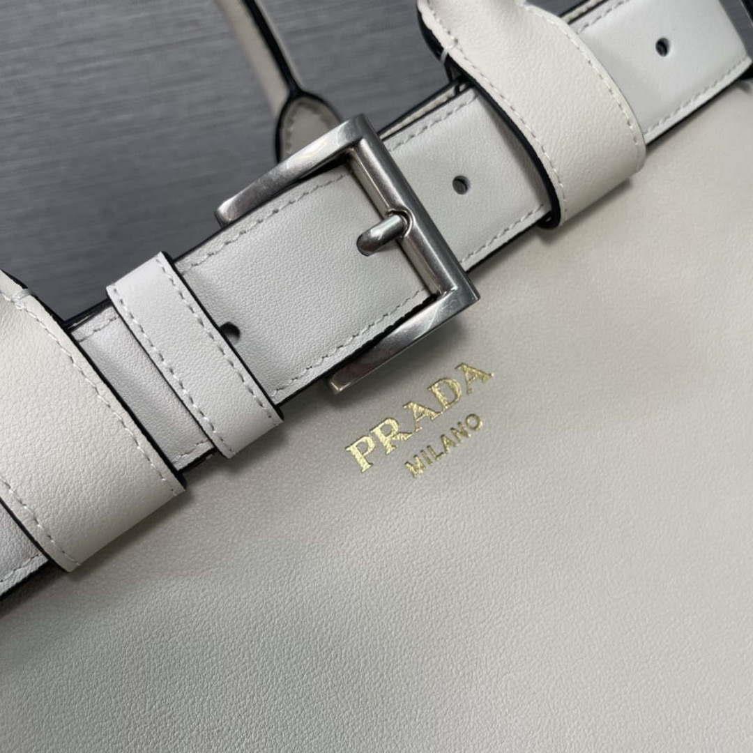 Prada 1BA434 White Prada Buckle Medium Leather Handbag With Belt