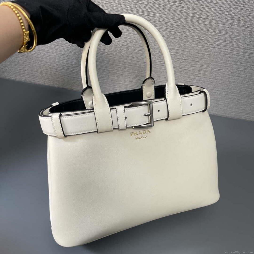 Prada 1BA434 White Prada Buckle Medium Leather Handbag With Belt
