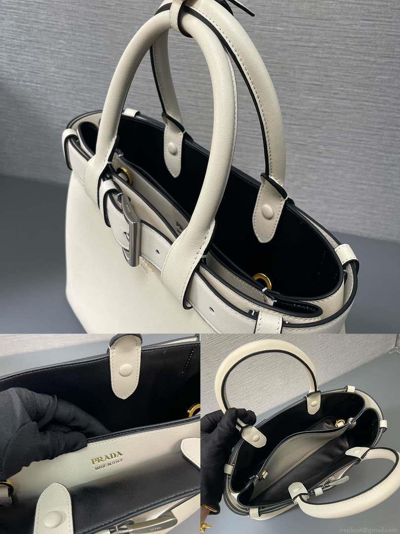 Prada 1BA434 White Prada Buckle Medium Leather Handbag With Belt