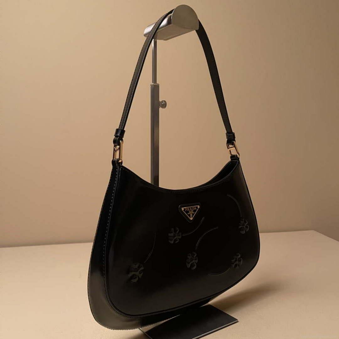 Prada 1BC499 Cleo brushed Gradient leather shoulder bag relief flower Black
