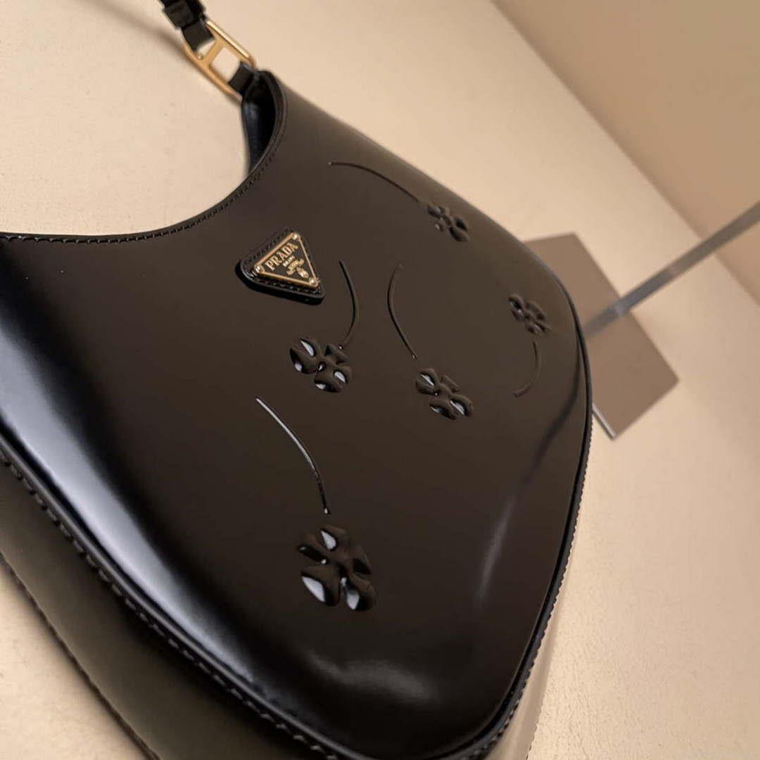 Prada 1BC499 Cleo brushed Gradient leather shoulder bag relief flower Black